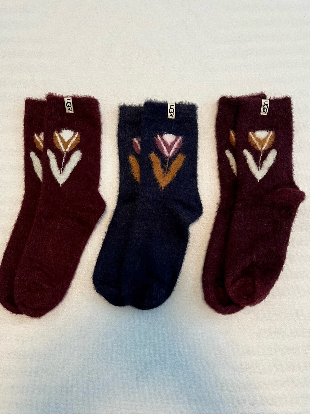 3 Pairs Of Ugg Soft Fuzzy Cozy Crew Socks Maroon / Burgundy & Blue Grey Color